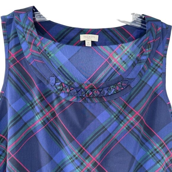 Talbots Plaid Top Blue Sleeveless Round Neck Size M Pin Tucked Classic Preppy - Picture 2 of 7